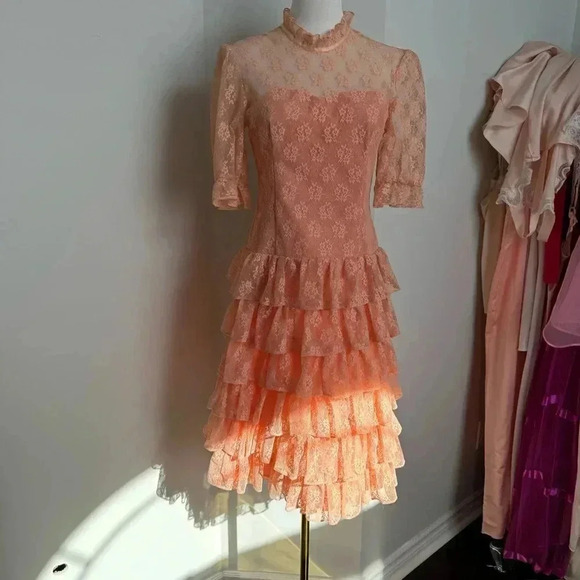 Vintage handmade peachy lace coquette dress S garden  pastel cottage - Picture 3 of 6